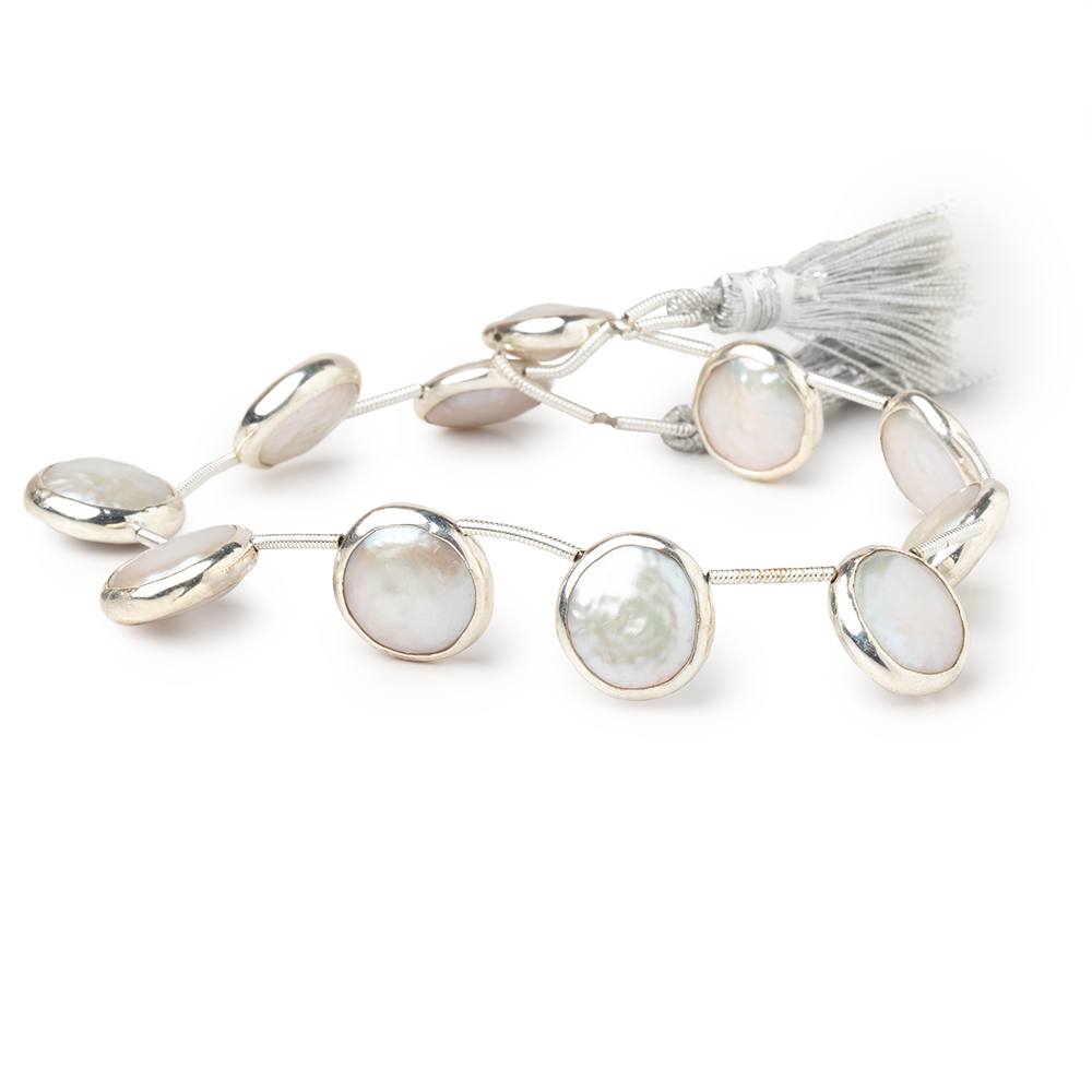 10 - 12mm Silver Bezel Set White Coin Pearl Strand 9 Beads - Beadsofcambay.com