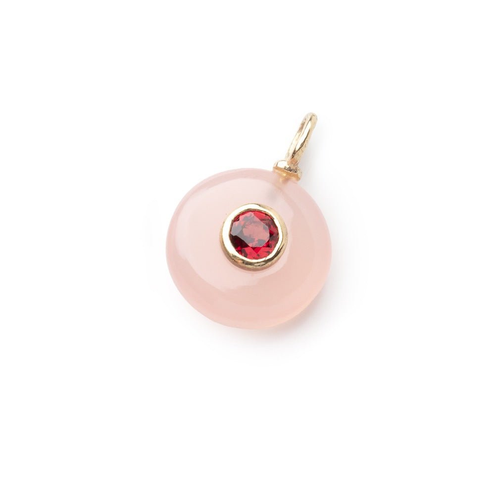 12-13mm Pink Chalcedony Plain Coin with Bezeled Garnet Inlay 1 Pendant - Beadsofcambay.com