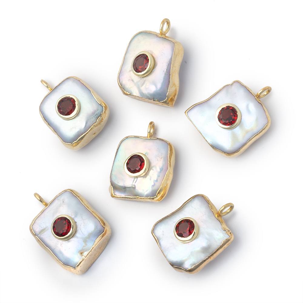 12 - 15mm Gold Leaf White Square Pearl with Bezel Garnet Inlay 1 Pendant - Beadsofcambay.com