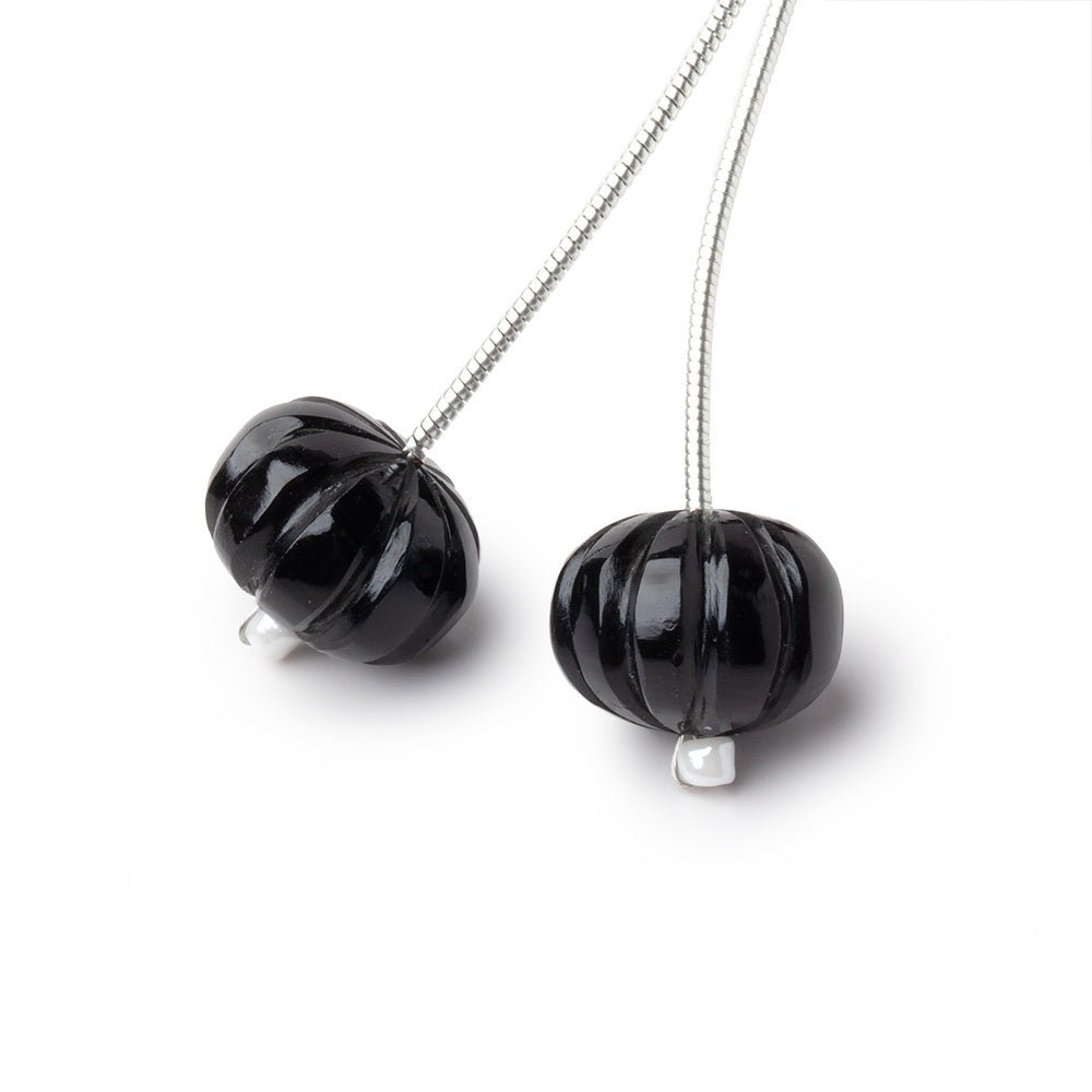 12.5mm Black Chalcedony Carved Melon Focals Set of 2 Beads - Beadsofcambay.com