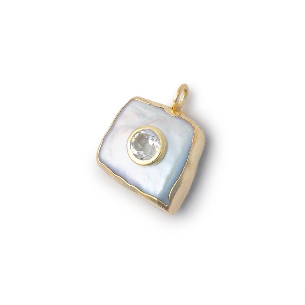 13mm Gold Leaf White Square Pearl with Bezel Topaz Inlay 1 Pendant - Beadsofcambay.com
