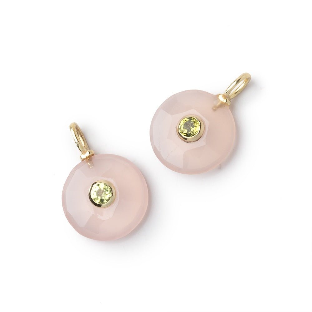 13mm Pink Chalcedony Coin with Bezeled Peridot Inlay 1 Pendant - Beadsofcambay.com