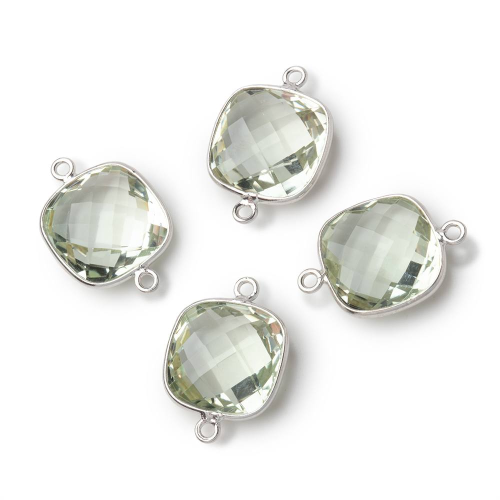 13mm Sterling Silver Bezel Prasiolite Faceted Cushion Connector 1 piece - Beadsofcambay.com