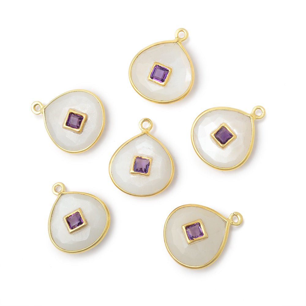 13mm Vermeil Bezel White Moonstone Heart with Bezel Amethyst Inlay 1 Pendant - Beadsofcambay.com