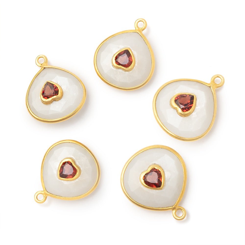 13mm Vermeil Bezel White Moonstone Heart with Bezel Garnet Inlay 1 Focal - Beadsofcambay.com