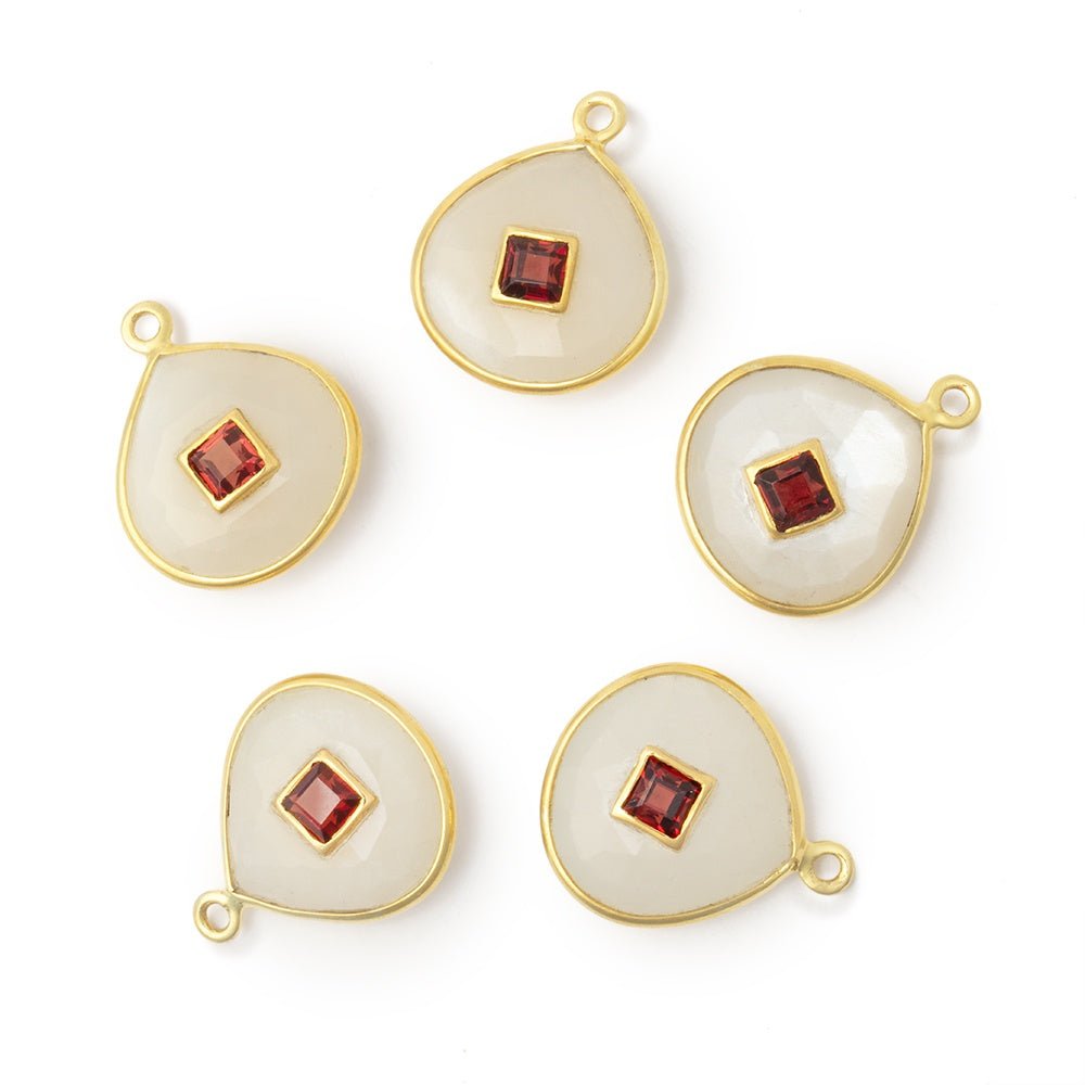 13mm Vermeil Bezel White Moonstone Heart with Bezel Garnet Inlay 1 Pendant - Beadsofcambay.com