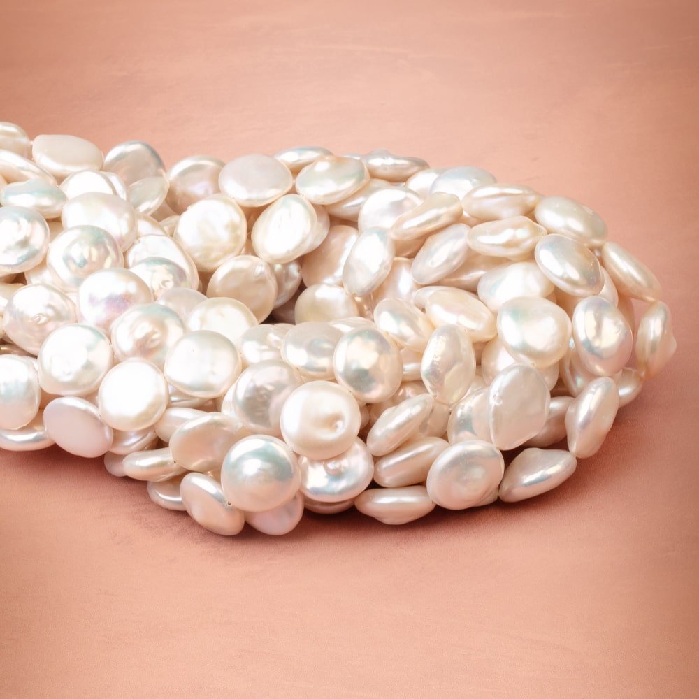 14 - 15mm Creamy White Coin Freshwater Pearls 16 inch 27 pieces - Beadsofcambay.com