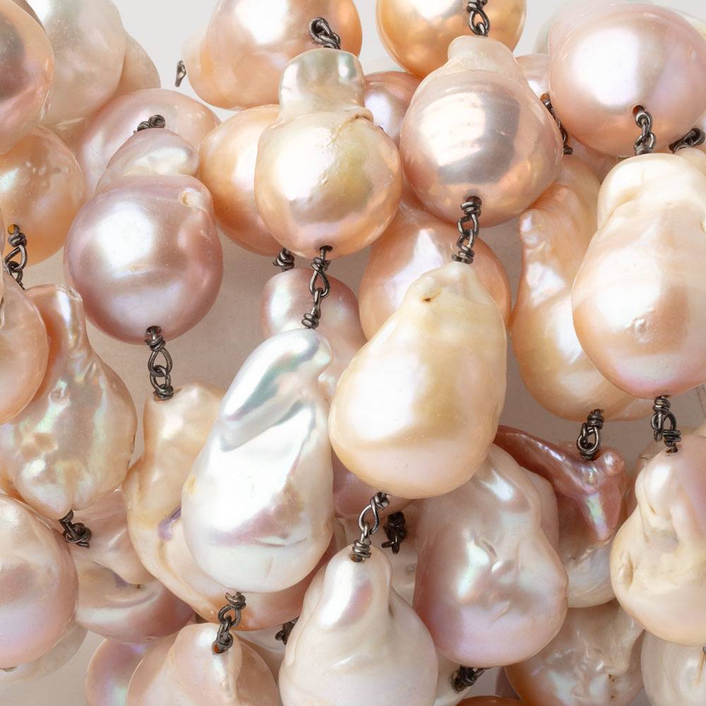 14 - 15mm Tri - Color Ultra Baroque Pearls on Black Gold over .925 Silver Chain - Beadsofcambay.com