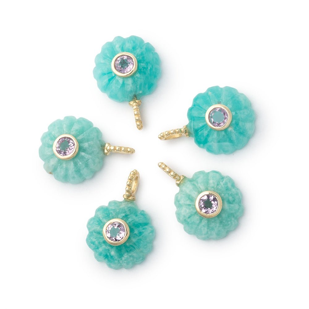 14mm Amazonite Carved Flower with Bezeled Pink Amethyst Inlay 1 Pendant - Beadsofcambay.com