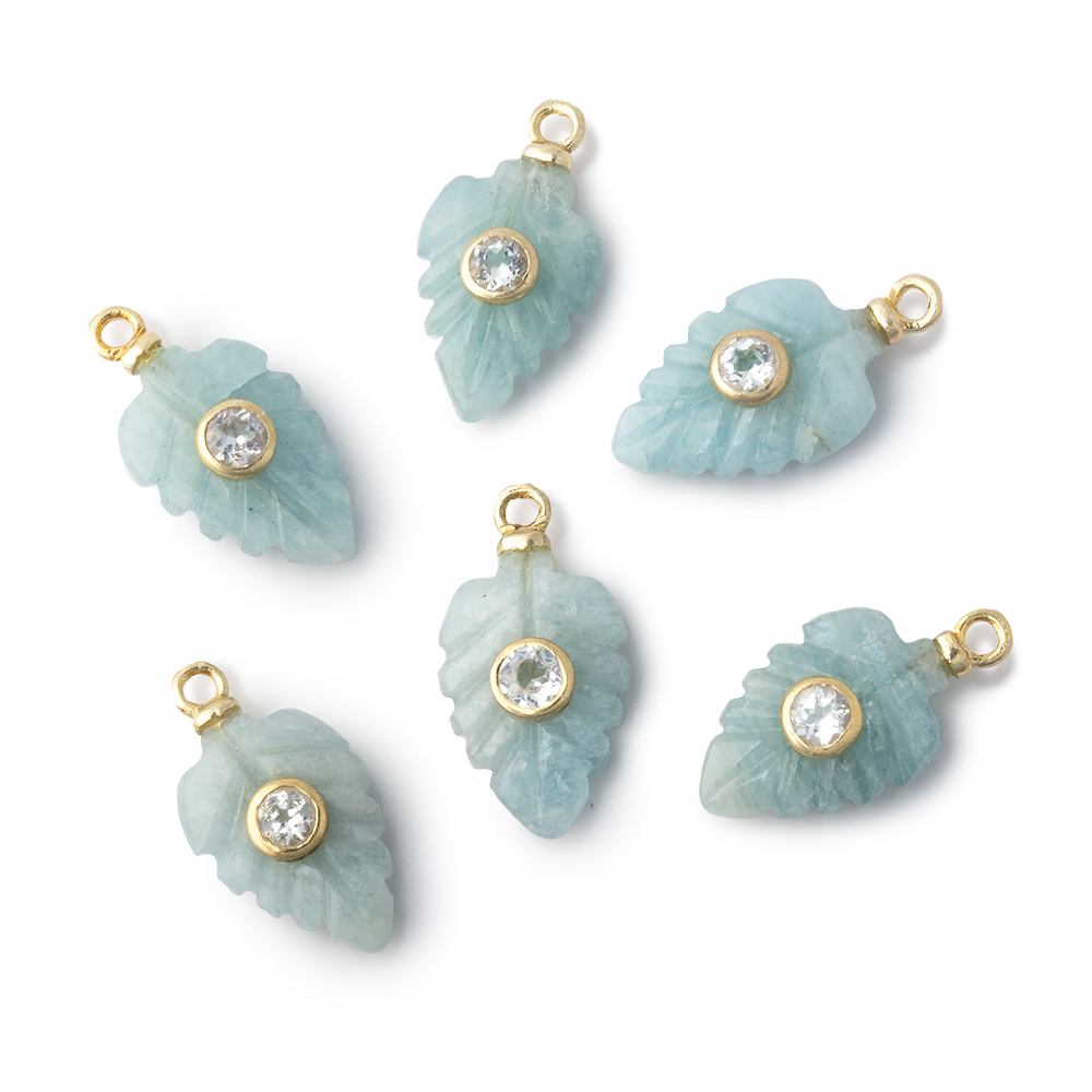 14x9mm Aquamarine Carved Leaf with Bezeled White Topaz Inlay 1 Pendant - Beadsofcambay.com