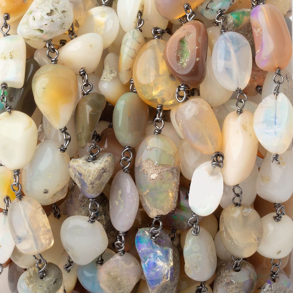 8x8-15x9mm Ethiopian Opal Nuggets on Black Gold plated over .925 Silver Chain - BeadsofCambay.com