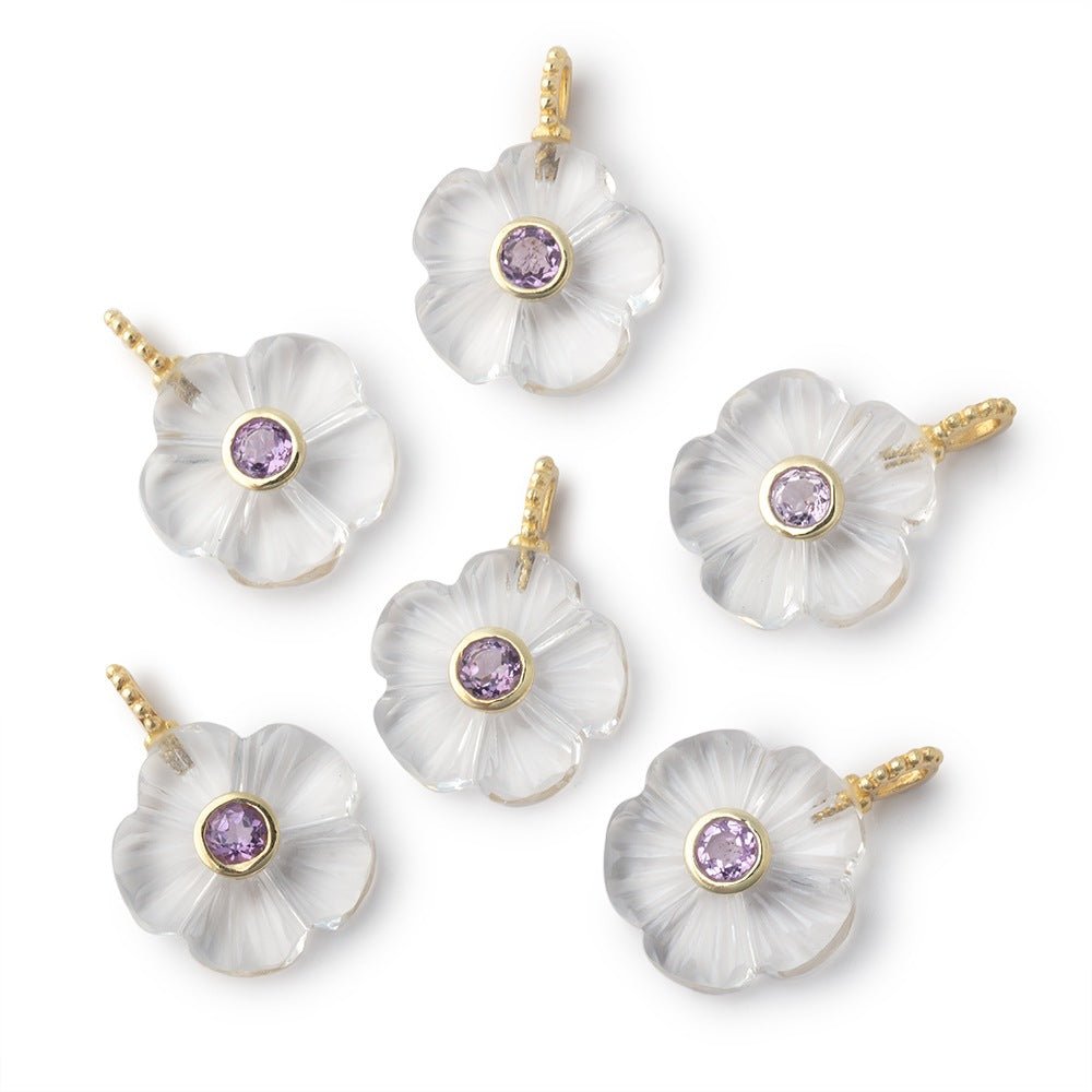 16mm Crystal Quartz Carved Flower with Bezeled Pink Amethyst Inlay 1 Pendant - Beadsofcambay.com