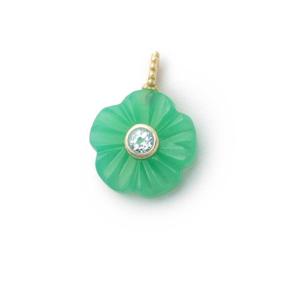 16mm Green Chalcedony Carved Flower with Bezeled Aqua Inlay 1 Pendant - Beadsofcambay.com