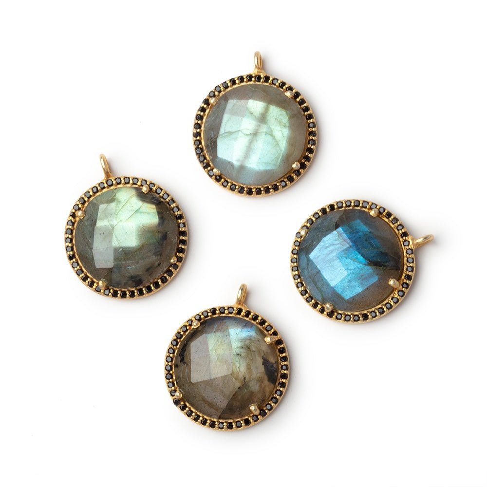 17mm Vermeil & Black CZ Bezel Labradorite Coin Pendant 1 Focal - Beadsofcambay.com