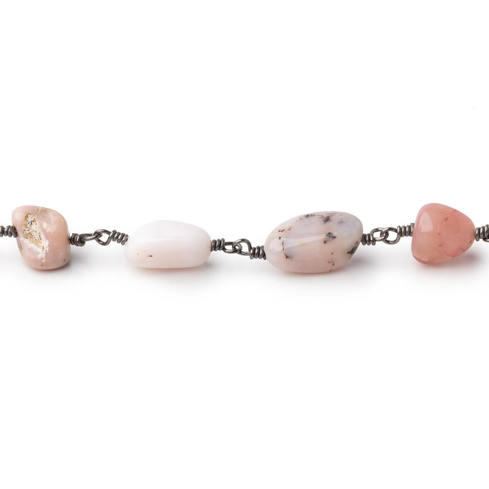 7x7-11x7mm Pink Peruvian Opal Plain Nuggets on Black Gold plated Chain - BeadsofCambay.com