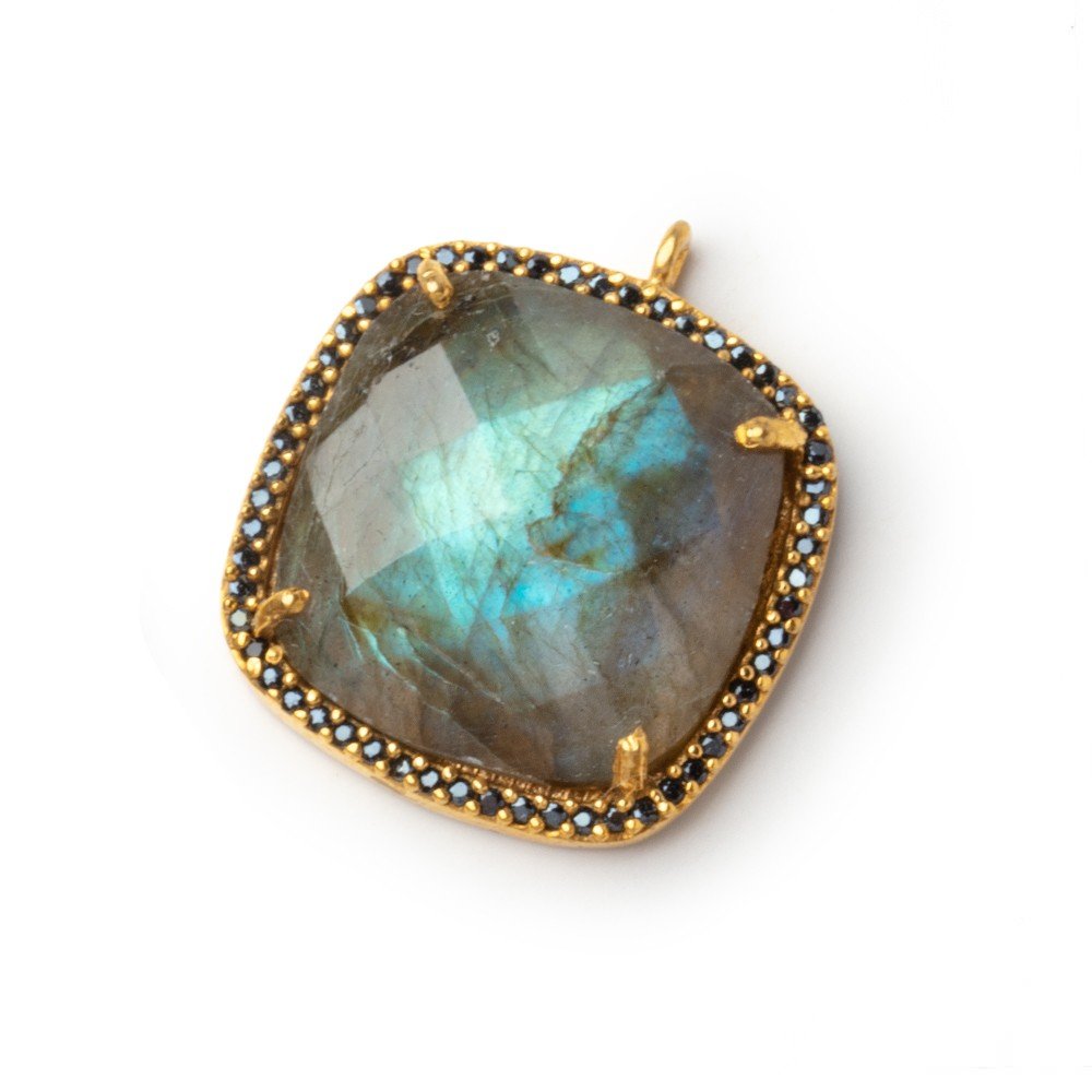 21mm Vermeil & Black CZ Bezel Labradorite Cushion Pendant 1 Focal - Beadsofcambay.com
