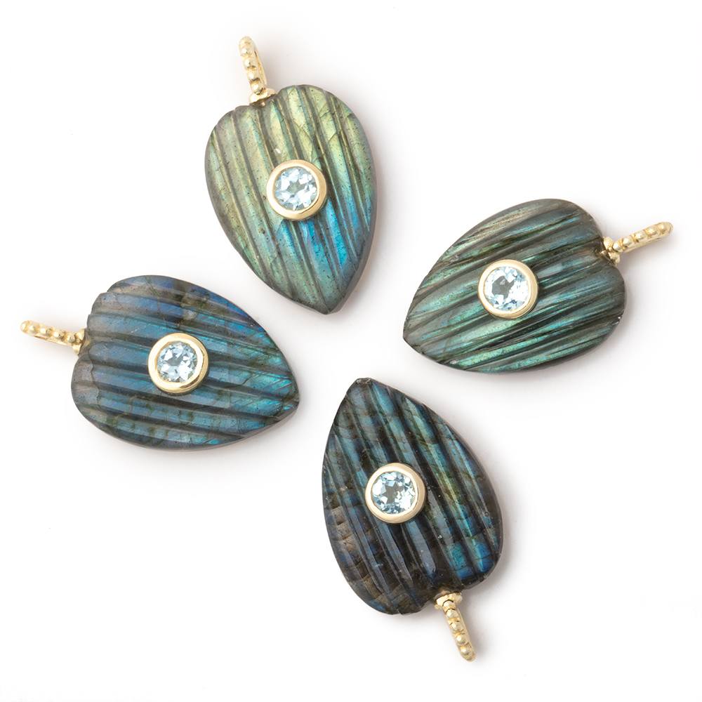 21x15mm Labradorite Carved Heart with Bezeled Aqua Inlay 1 Pendant - Beadsofcambay.com