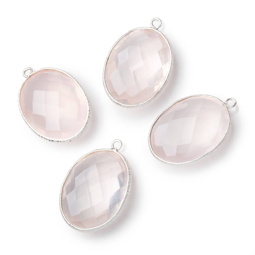21x16mm Sterling Silver Textured Bezel Rose Quartz Faceted Oval 1 Pendant - Beadsofcambay.com
