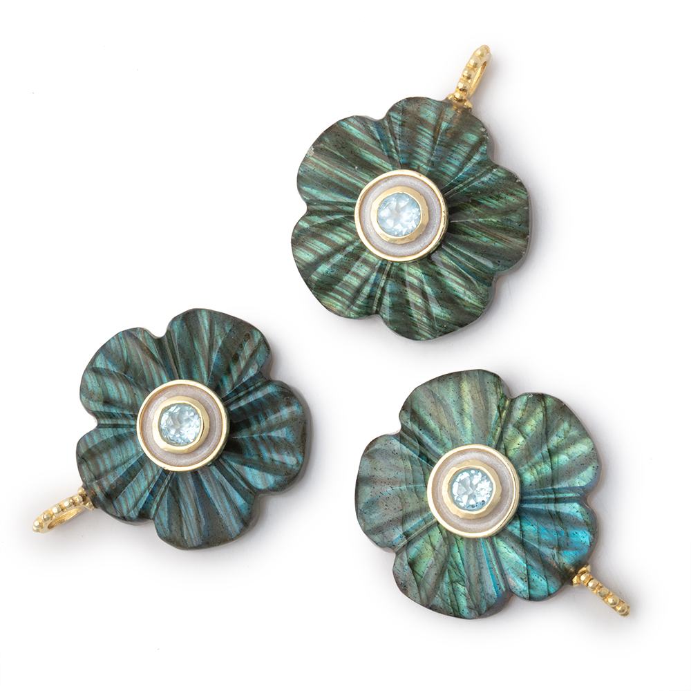22mm Labradorite Carved Flower with Enamel Bezel Aqua Inlay 1 Pendant - Beadsofcambay.com
