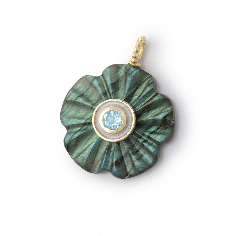 22mm Labradorite Carved Flower with Enamel Bezel Aqua Inlay 1 Pendant - Beadsofcambay.com