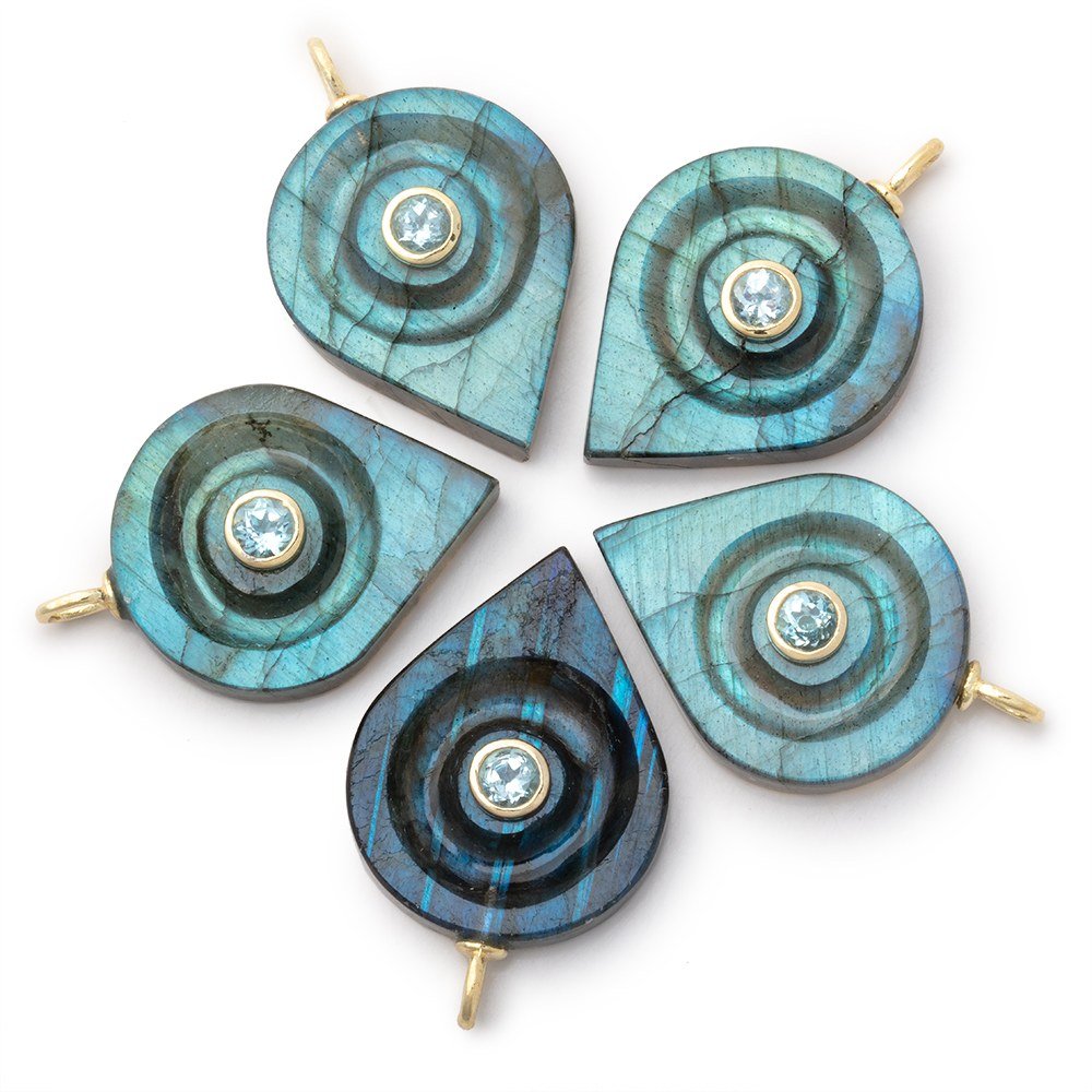 27x21mm Labradorite Carved Pear with Bezeled Aqua Inlay 1 Pendant - Beadsofcambay.com