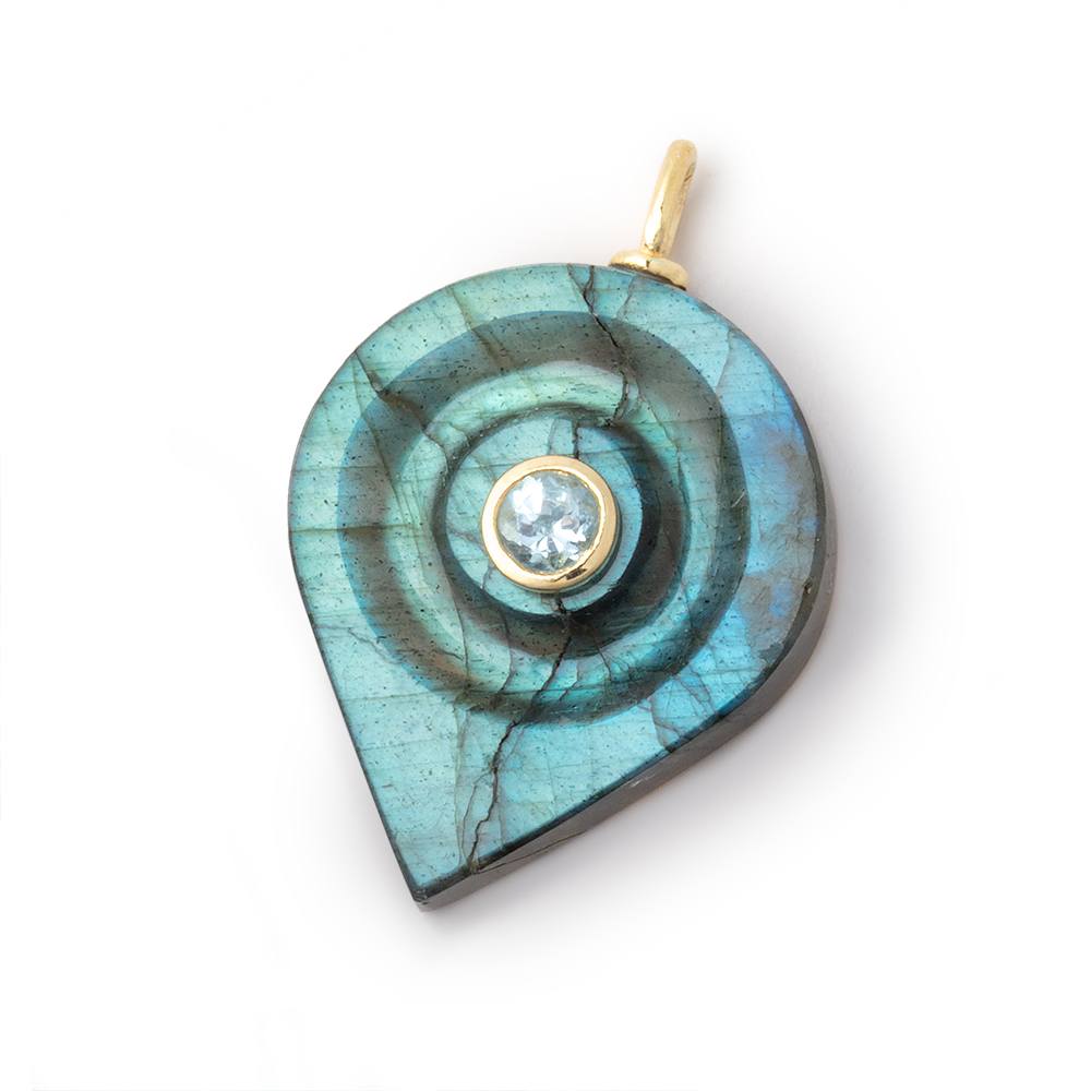 27x21mm Labradorite Carved Pear with Bezeled Aqua Inlay 1 Pendant - Beadsofcambay.com