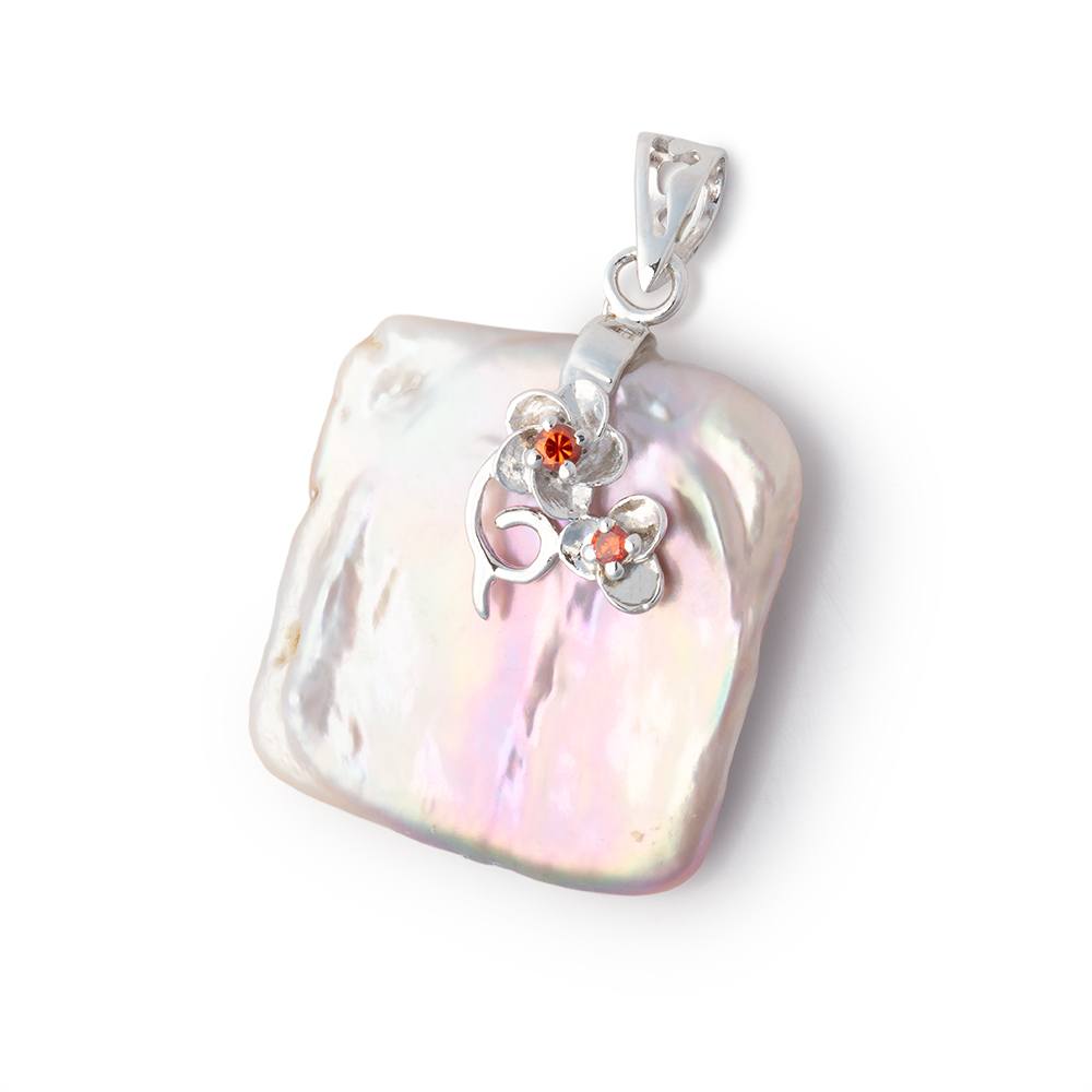 28x21mm .925 Silver Capped Rosé White Square Pearl Pendant 1 focal - Beadsofcambay.com