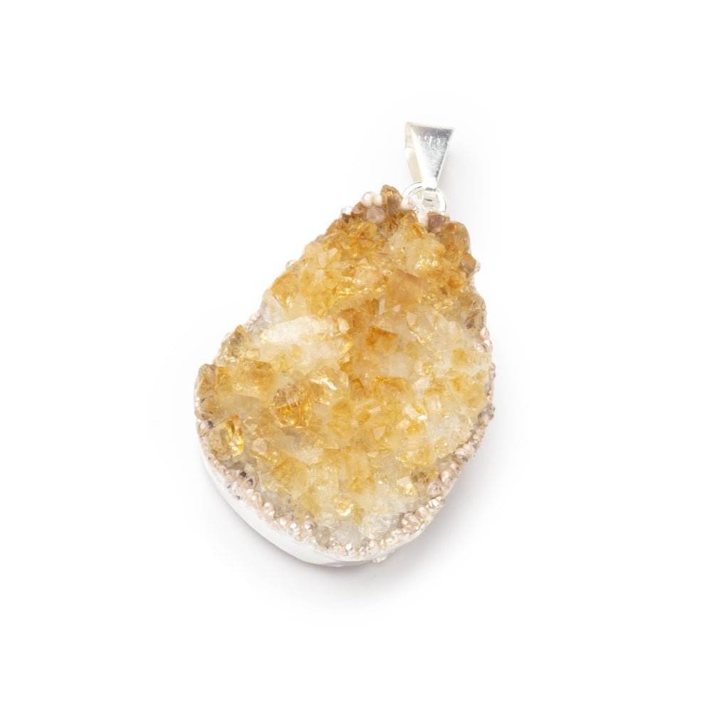29mm Silver Leaf Citrine Drusy Pendant & Bail 1 piece - Beadsofcambay.com