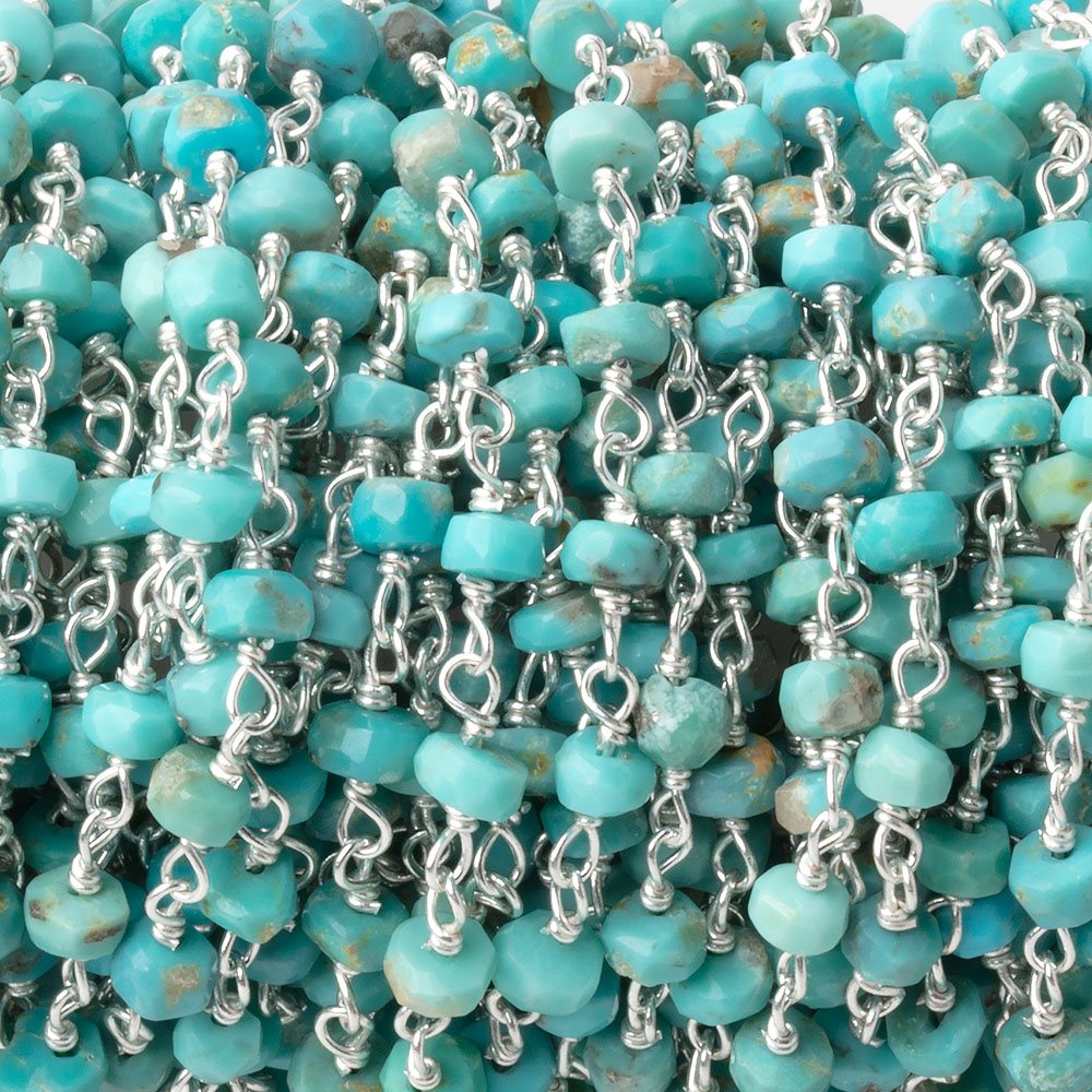3-3.5mm Sleeping Beauty Turquoise faceted rondelle .925 Silver Chain - BeadsofCambay.com