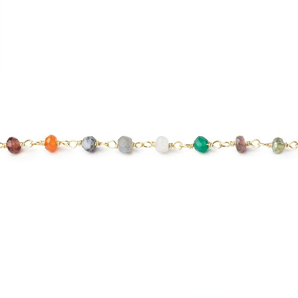 3.5mm Multi Gem Faceted Rondelle Beads on Vermeil Hand - Wrapped Chain - Beadsofcambay.com