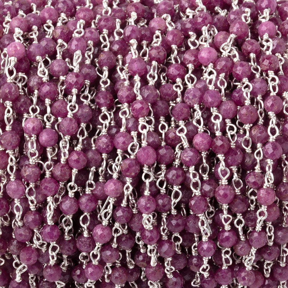 3mm Ruby Micro Faceted Rounds on Silver Plated Chain - Beadsofcambay.com