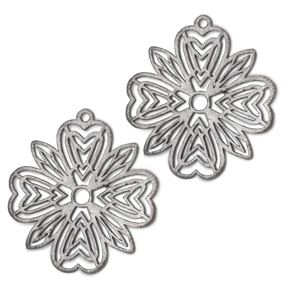 41mm Black Gold Plated Brushed Filigree Flower Charm Set of 2 pieces - Beadsofcambay.com
