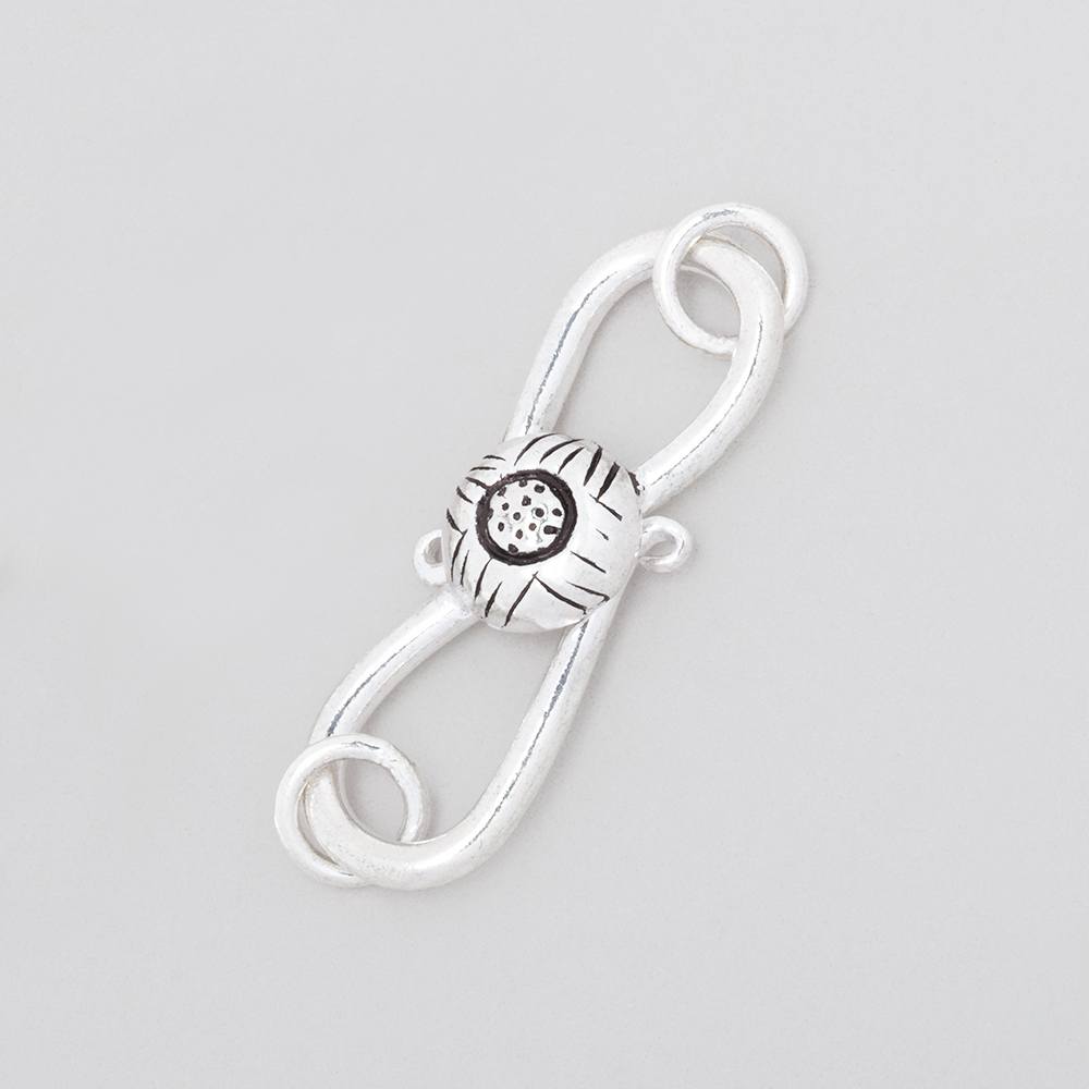 29x10mm Antiqued Sterling Silver S Hook with Floral Button 1 piece - BeadsofCambay.com