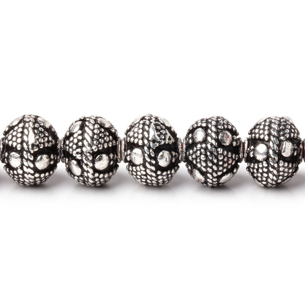 8x7mm Antiqued Silver Plated Bead Miligrain Triangle and Dot 8 inch 28 pieces - BeadsofCambay.com