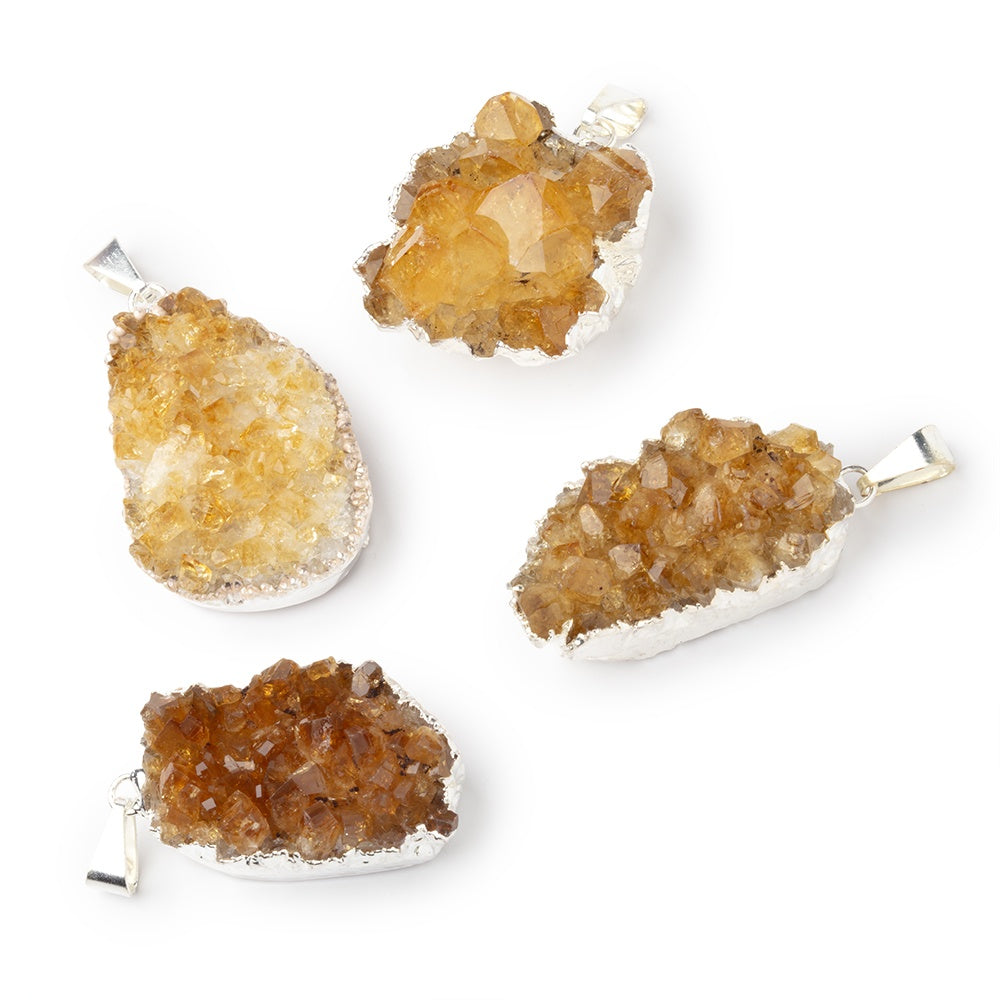 29mm Silver Leaf Citrine Drusy Pendant & Bail 1 piece - BeadsofCambay.com