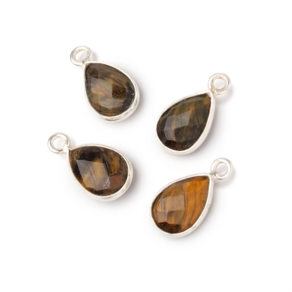 11x8mm .925 Silver Bezel Tiger Eye Faceted Pear Focal Pendant Set of 4 - BeadsofCambay.com