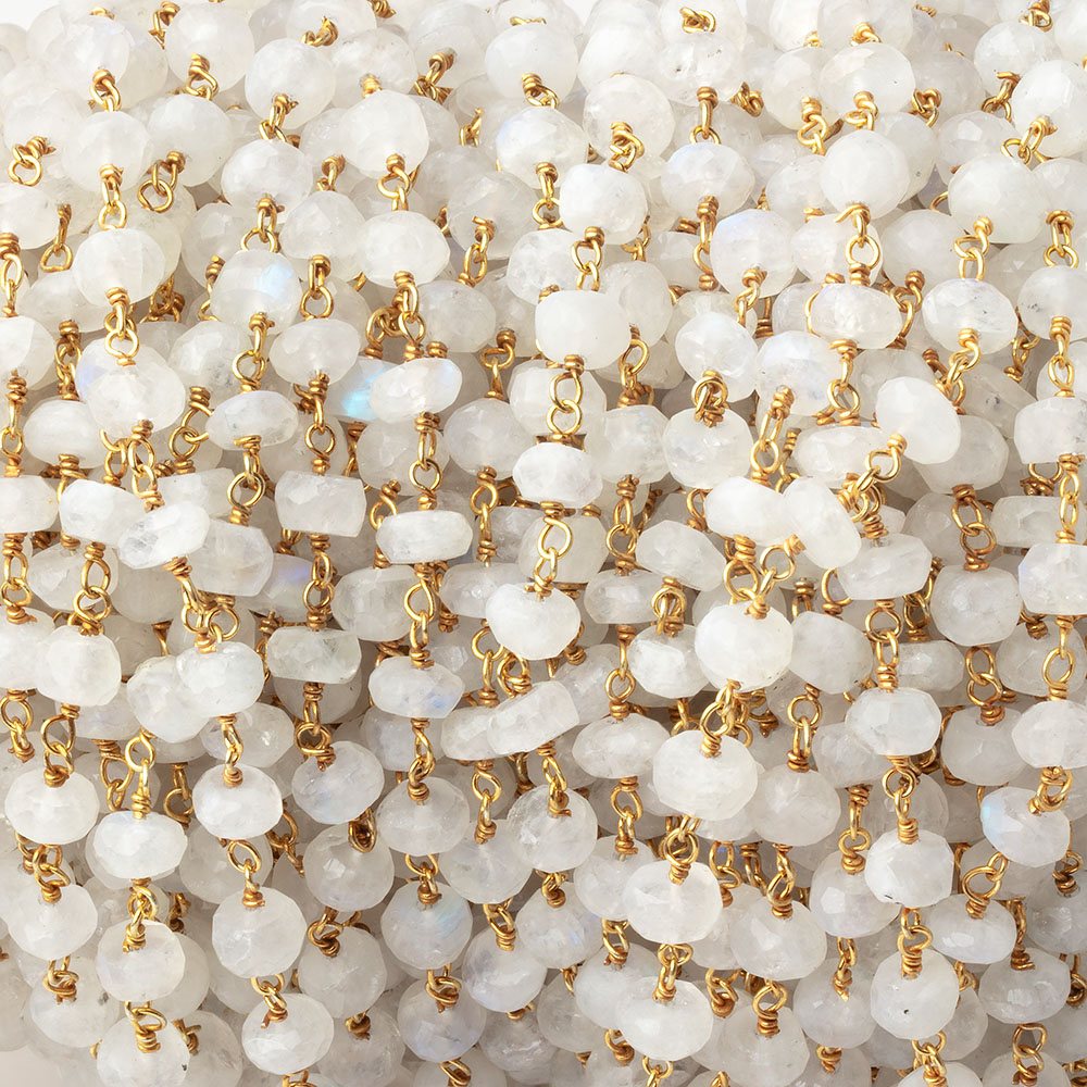 6mm Rainbow Moonstone Faceted Rondelle Beads on Vermeil Chain - BeadsofCambay.com