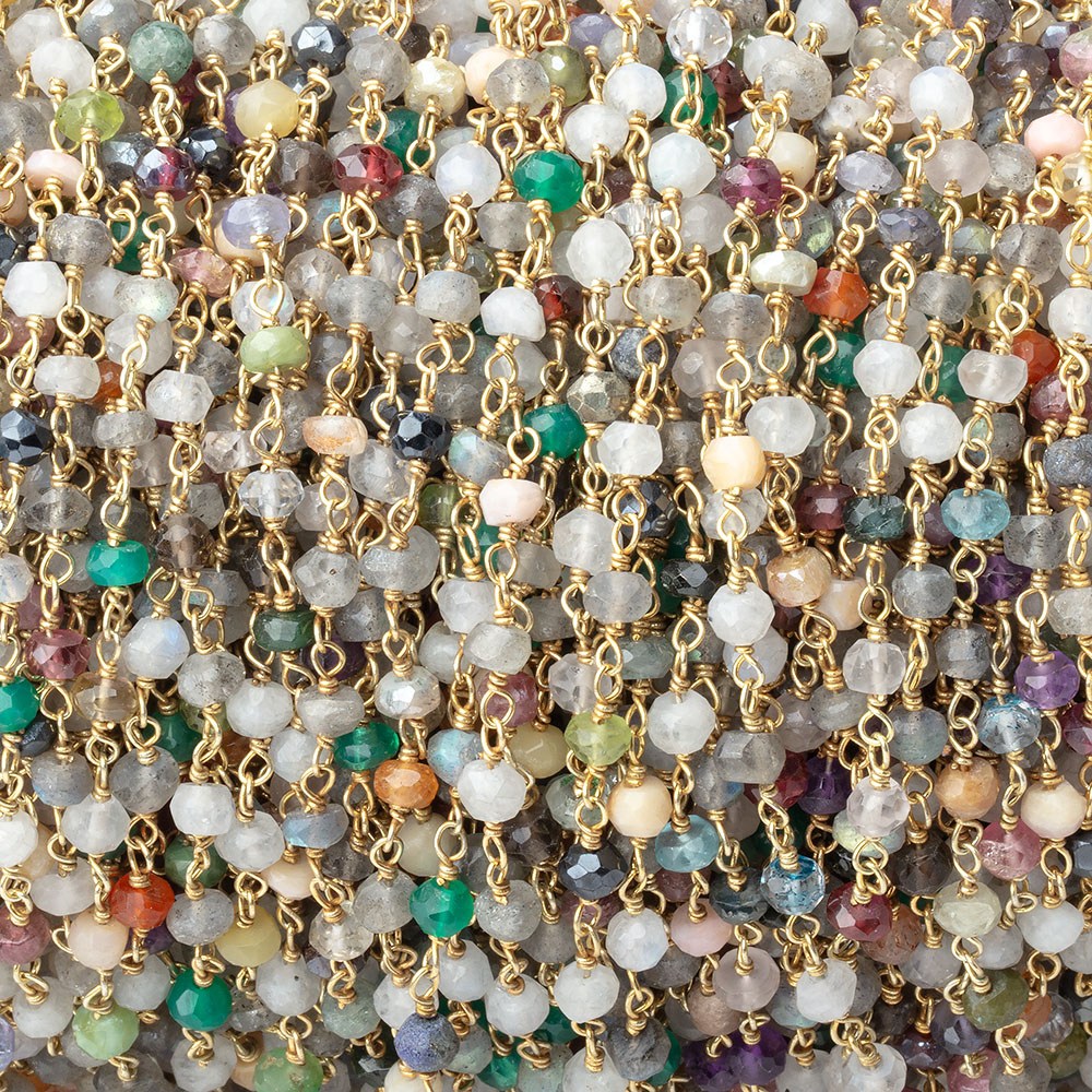 3.5mm Multi Gem Faceted Rondelle Beads on Vermeil Hand-Wrapped Chain - BeadsofCambay.com