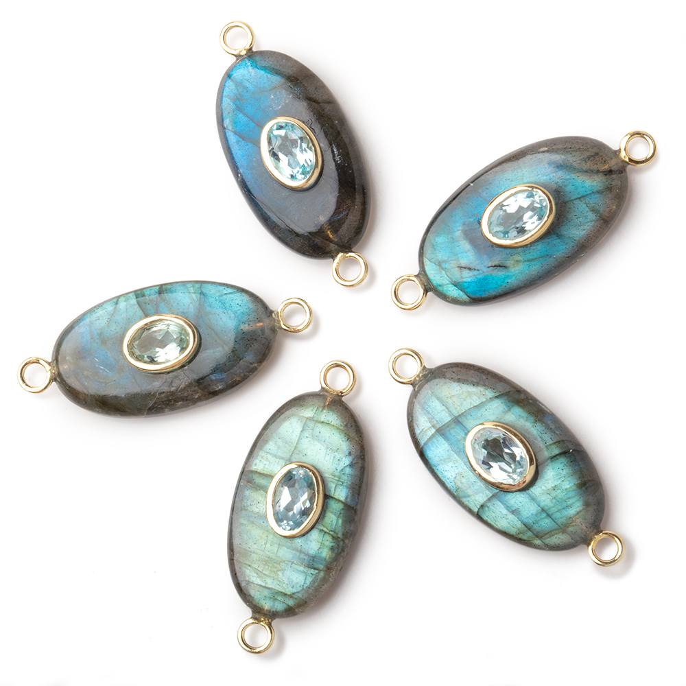 21x12mm Labradorite Oval with Bezeled Aqua Inlay 1 Connector - BeadsofCambay.com