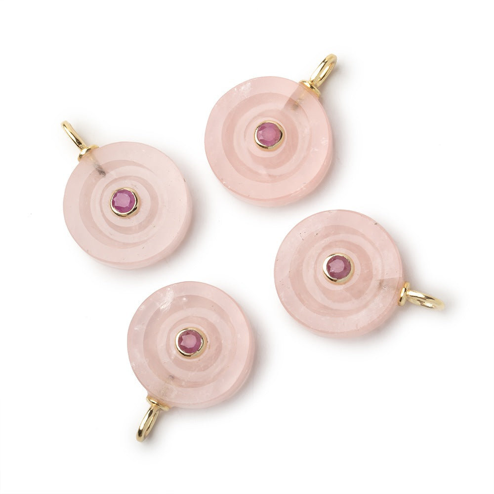 16mm Rose Quartz Carved Coin with Bezeled Ruby Inlay 1 Pendant - BeadsofCambay.com