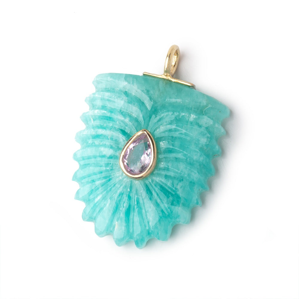 24x21mm Amazonite Carved Pendant with Bezeled Pink Amethyst Inlay 1 piece - BeadsofCambay.com