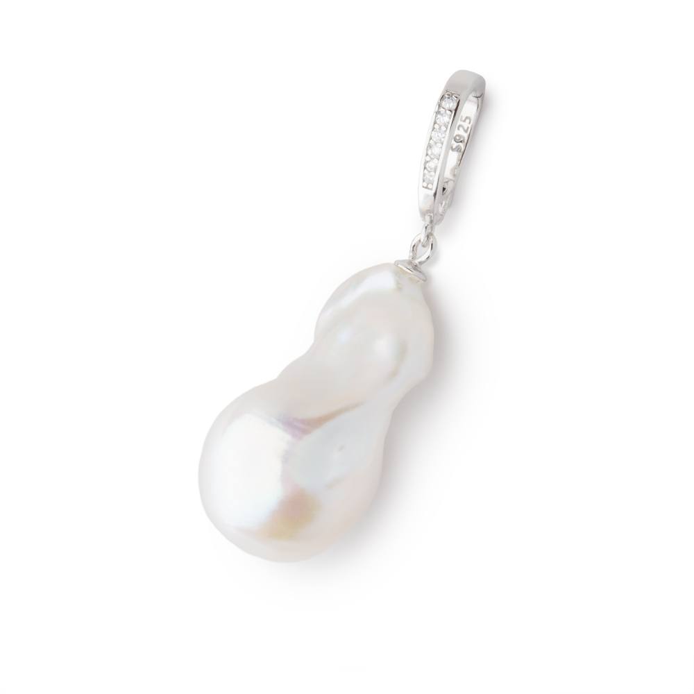 26x14x15mm White Ultra Baroque Pearl with Sterling Silver CZ Bail 1 Pendant AAA - BeadsofCambay.com