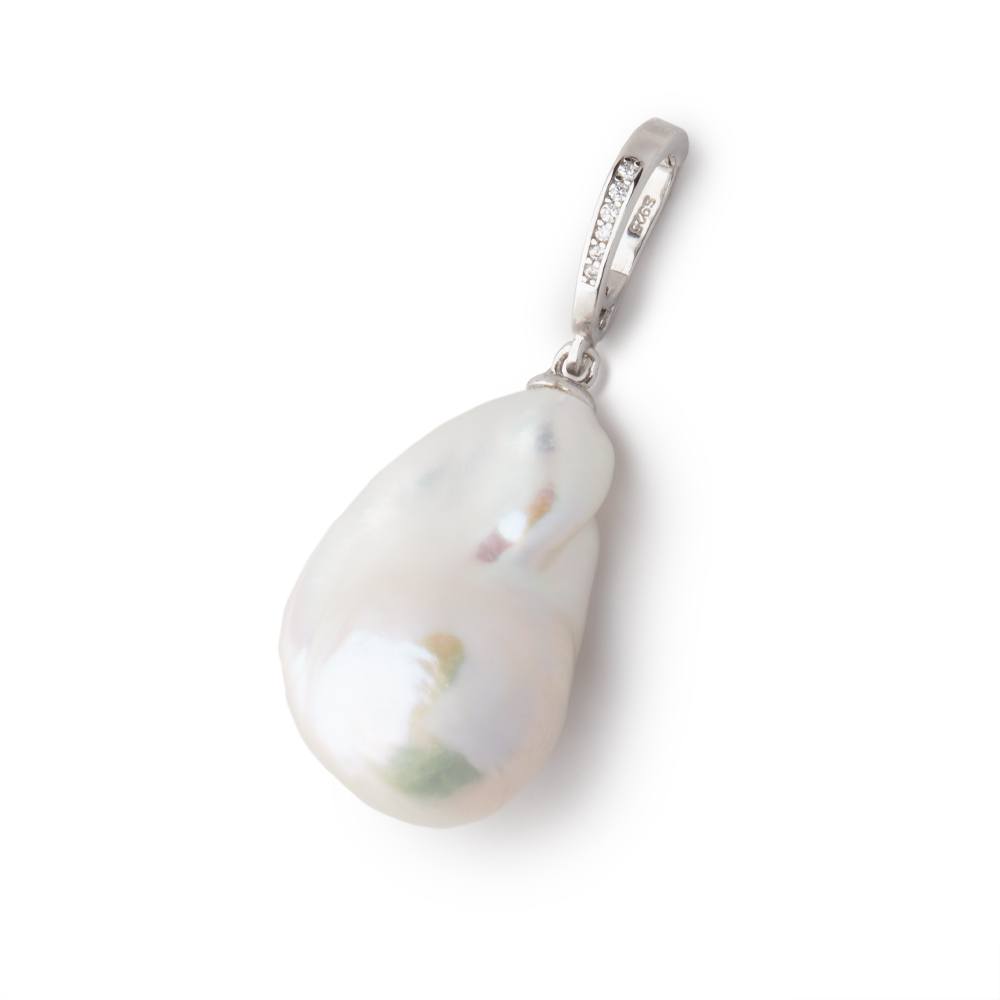 25x16mm White Ultra Baroque Pearl with Sterling Silver CZ Bail 1 Pendant AAA - BeadsofCambay.com