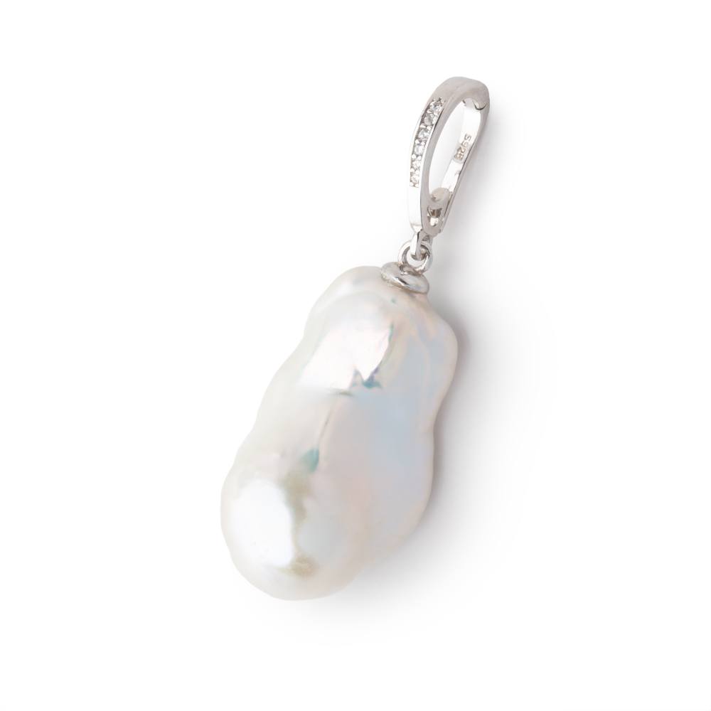 26x15mm White Ultra Baroque Pearl with Sterling Silver CZ Bail 1 Pendant AAA - BeadsofCambay.com