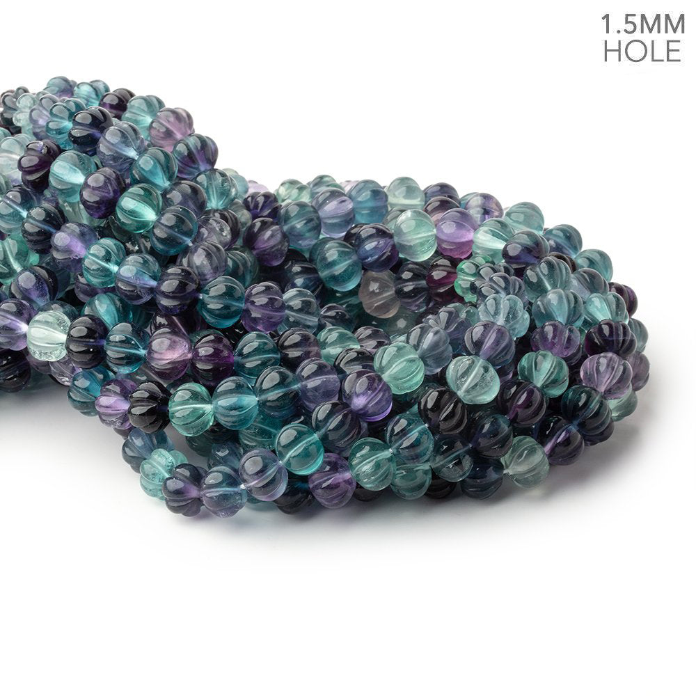 10mm Fluorite Carved Melon Rondelle 15.5 inch 48 Beads with 1.5mm Holes - BeadsofCambay.com