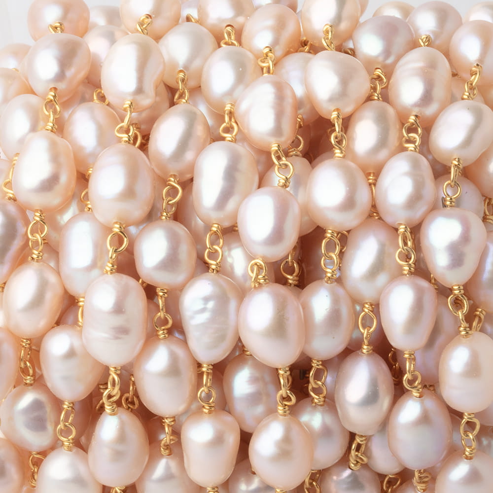 8x6-9x7mm Pink Baroque Pearls on Gold Plated Chain - BeadsofCambay.com