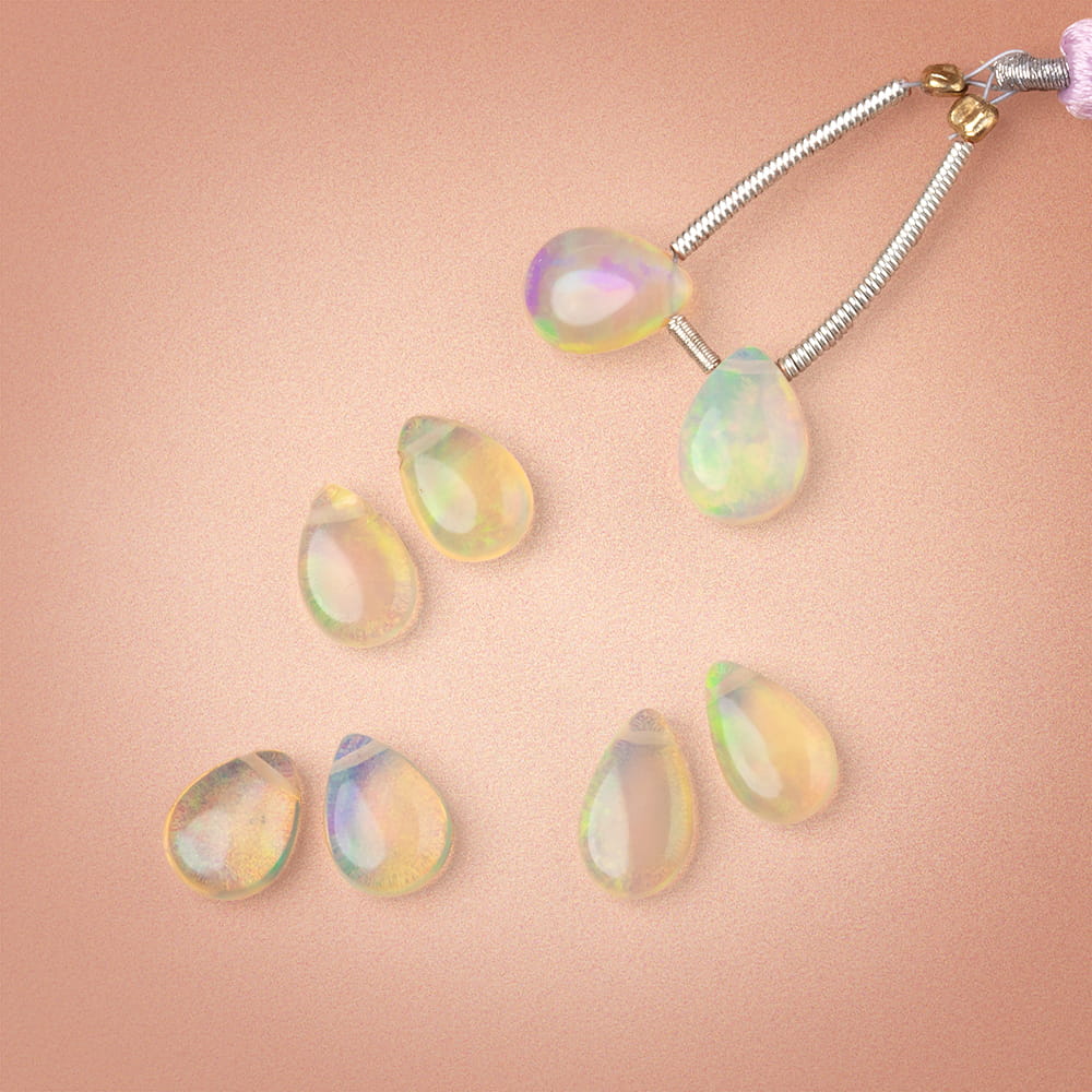 8.5-10mm Ethiopian Opal Plain Pear Set of 2 Focal Beads AAA - BeadsofCambay.com