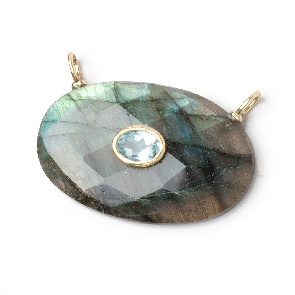 22x35mm Labradorite Faceted Oval with Bezeled Aqua Inlay 1 Connector - BeadsofCambay.com