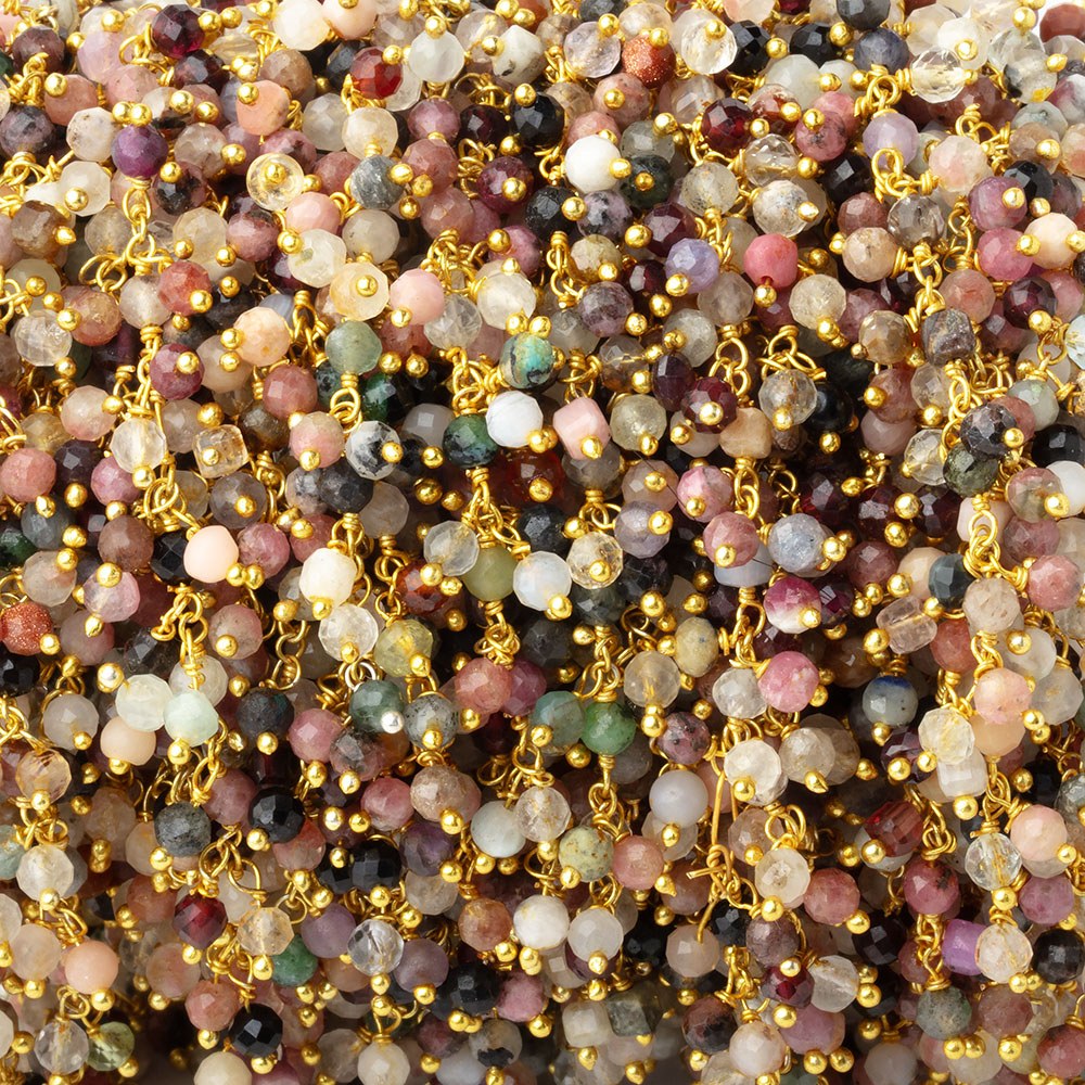 3mm Multi Gem Micro Faceted Rounds & Cubes on Gold Plated Dangling Chain - BeadsofCambay.com