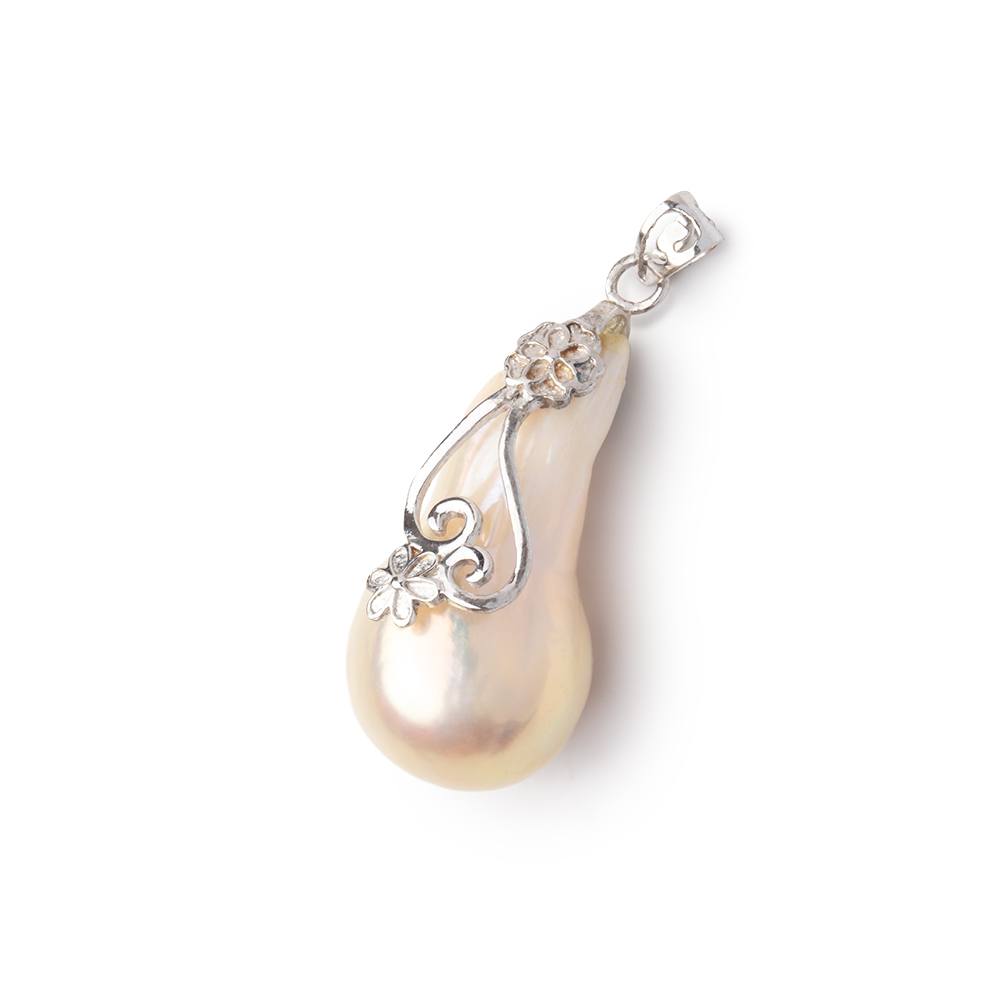 28x14mm .925 Silver Capped Peach Ultra Baroque Pearl 1 Pendant - BeadsofCambay.com